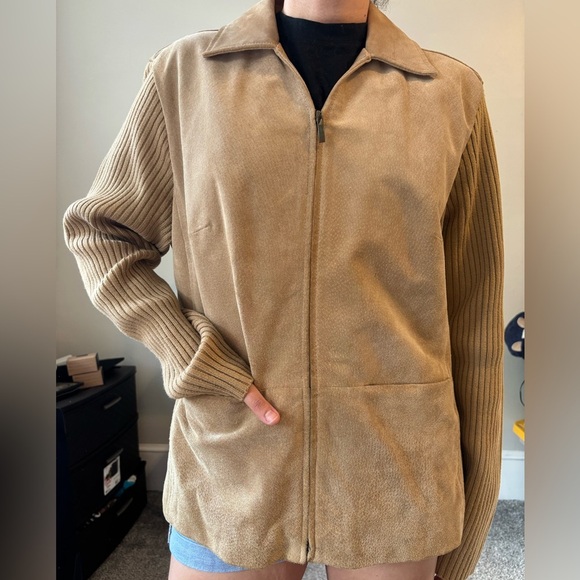 Vintage AMI Preppy Suede Leather Tan Zip Up Jacket Cotton sleeves Large - XL - Picture 2 of 12